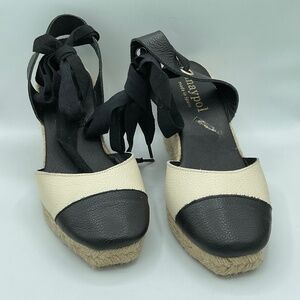 MAYPOL Elegant Black and Cream Wedge Espadrilles Size 8.5. 39
